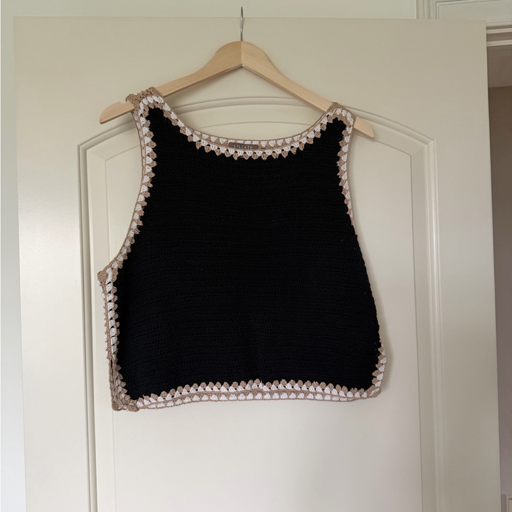 Lilla P Black Crochet Tank with Beige Trim